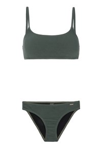 Set bikini verde con texture, spalline sottili e rifiniture nere a contrasto. Il top è rettangolare e il fondo ha un taglio standard.