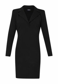 Černé šaty s dlouhými rukávy, přiléhavým límcem a těsným střihem. Elegantní látka s hladkým povrchem a minimálními detaily.