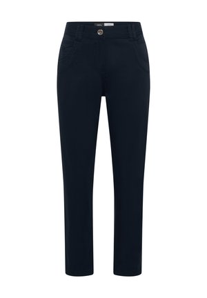 Pantalon bleu marine à jambes droites avec fermeture bouton et zip, poches avant et passants pour ceinture.