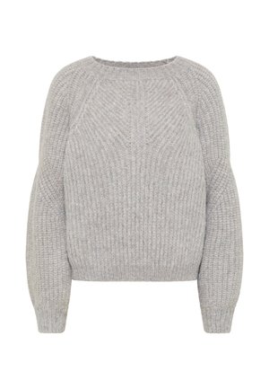 Hellgrauer Strickpullover mit langen Puffärmeln, gerippten Bündchen und geripptem Rundhalsausschnitt.
