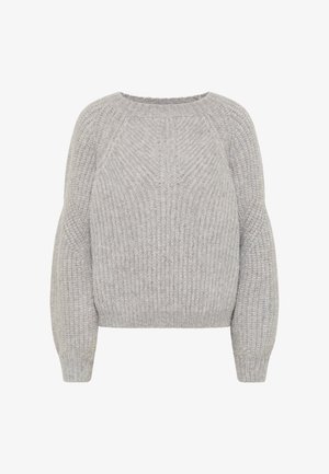 Hellgrauer Strickpullover mit langen Puffärmeln, gerippten Bündchen und geripptem Rundhalsausschnitt.
