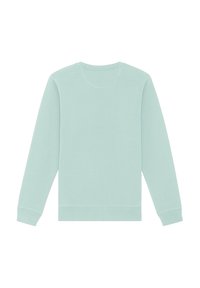 Sweatshirt en bleu sarcelle clair avec des manches longues, un col rond, des poignets et un ourlet côtelés. Tissu doux avec des détails de couture visibles sur les coutures.