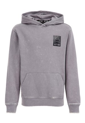 Grå hættetrøje med kengurulomme og en sort hundemærkat med teksten "SALTY DOG" på venstre bryst.