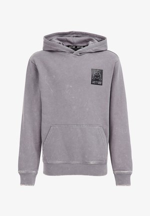 Sudadera con capucha gris con un bolsillo tipo canguro, con un parche gráfico de un perro negro etiquetado como "SALTY DOG" en el pecho izquierdo.