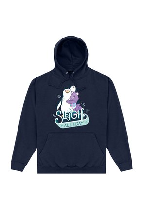 Granatowy hoodie z graficznym nadrukiem z przodu przedstawiającym pingwina i fioletowego misia, z napisem "SLEIGH ALL DAY" oraz akcentami w kształcie płatków śniegu. Miękka tekstura.