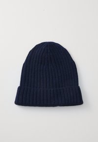 Knit beanie in dark navy, featuring a ribbed texture and a folded cuff. Made from soft material, designed for warmth and comfort.