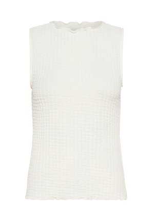 Haut sans manches blanc en tissu texturé avec un encolure subtilement volante, présentant un design ajusté et sans fermetures ni motifs visibles.