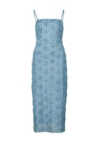 Robe bleu clair à silhouette ajustée, ornée de motifs en rose tridimensionnels et avec de fines bretelles spaghetti.