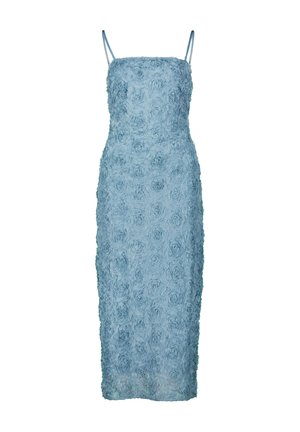 Light blue dress with a fitted silhouette, featuring three-dimensional rose patterns throughout and thin spaghetti straps.