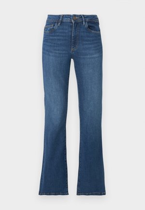 Flared blue denim jeans with a high waist, five pockets, and contrasting stitching. Features a button and zipper closure, slightly distressed texture.