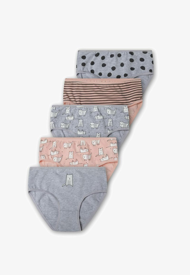 Piecu pārī sieviešu kokvilnas apakšbikšu dažādās krāsās un rakstos: pelēkas ar melniem punktiņiem, svītrainas rozā un kaķu zīmējumi.