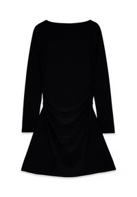 Czarna sukienka wykonana z gładkiego materiału, z długimi rękawami, okrągłym dekoltem oraz drapowanymi detalami w talii. Rozkloszowany dół sukienki.