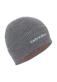 Gray knit beanie made from fabric with a ribbed texture. Features a small orange accent stripe and white logo text on the side.