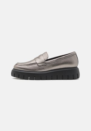 Metallic gray leather loafers with a textured finish, featuring a thick black sole with a ridged pattern and a classic penny strap detail.