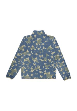 Fleece pullover jacket in blue and green floral pattern, with a high collar and long sleeves, featuring a smooth texture and ribbed hem.