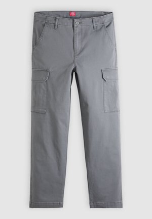Gray straight-leg cargo pants with side flap pockets, front button and zipper closure, and belt loops on the waistband.