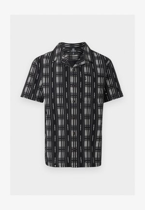 Zwart overhemd met korte mouwen en knopen, met wit verticaal en horizontaal gestreept roosterpatroon en een kraag.