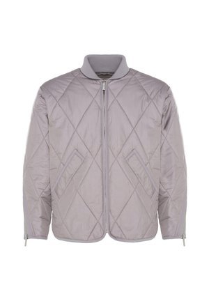 Veste matelassée gris clair avec coutures en losange, fermeture éclair à l'avant, deux poches inclinées, col côtelé et détails zippés aux poignets.