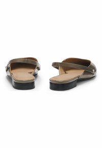 Slide-on sandals with a glossy olive green synthetic upper, open toe, thin straps, and low black block heel. Smooth beige insole.