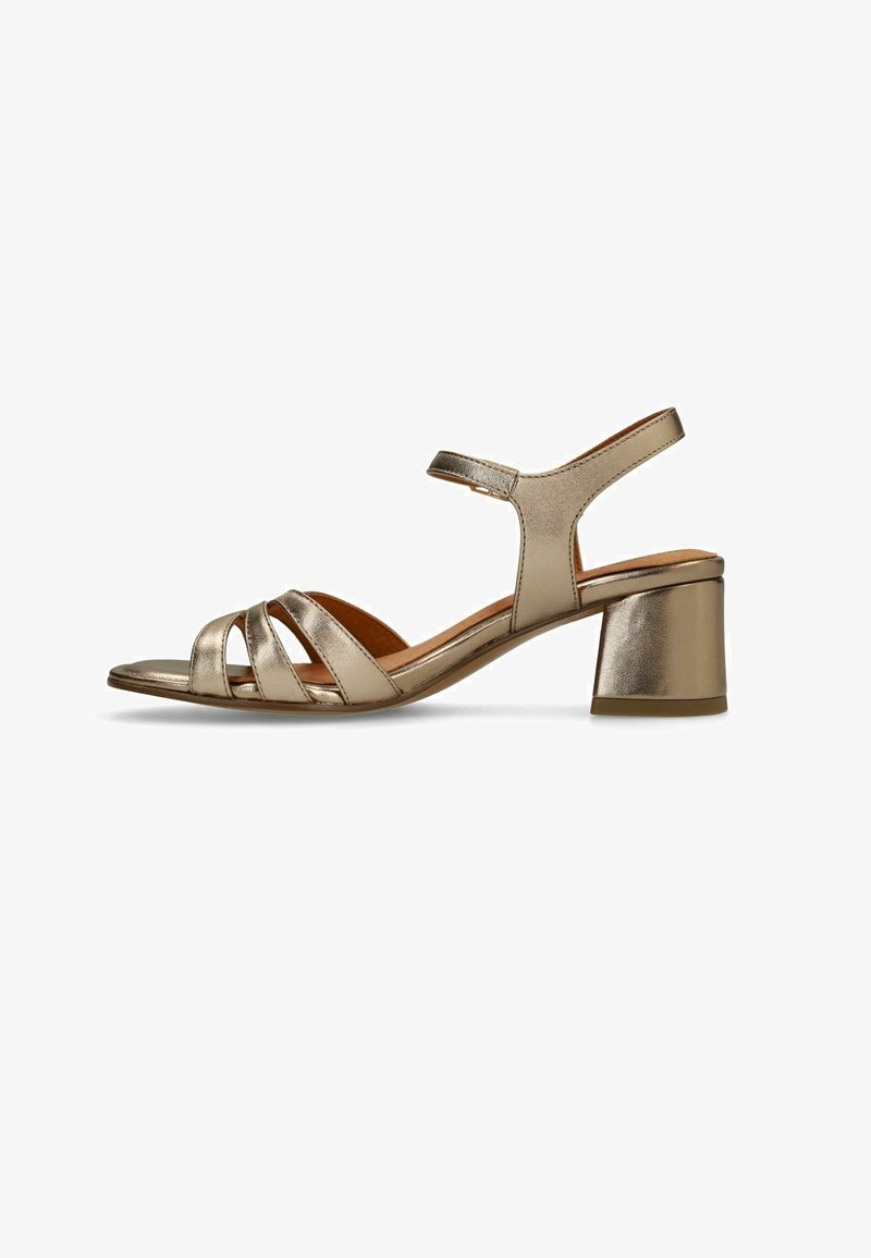 Gold metallic low block heel sandal with three front straps and ankle strap with buckle closure, shown in side profile.