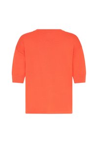 Jasně oranžové, krátké pletené tričko s kulatým výstřihem a volným střihem, zobrazené zezadu na bílém pozadí.