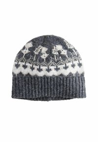Knitted wool hat in dark gray with a patterned white design featuring trees and deer, ribbed brim, soft texture, rounded top.