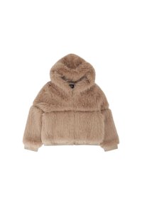 Giacca con cappuccio in pelliccia sintetica beige, caratterizzata da una texture morbida, design cropped, maniche lunghe e chiusura con zip sul davanti.