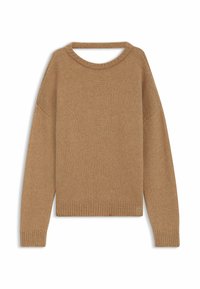 Pull en tricot couleur beige avec encolure ronde, épaules tombantes, poignets et ourlet côtelés. Texture douce avec une finition lisse et uniforme. Sans motifs ni accents.