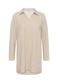 Bežiga dolga majica s kapuco, z ovratnikom in V-izrezom, ohlapen kroj in rahlo ukrivljen rob.