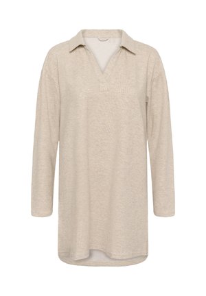 Beige long-sleeve knit tunic with collar and V-neckline, loose fit, and slightly curved hem.