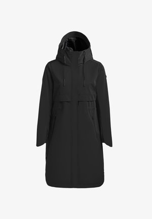 Parka longue noire avec capuche, fermeture éclair avant recouverte d'un rabat coupe-vent, cordons de serrage et poches latérales zippées.