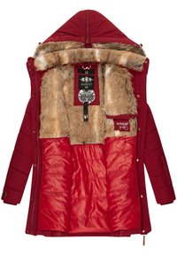 Red padded coat with a fur-lined hood and interior. Features quilted design and satin finish lining. Includes brand tags inside.