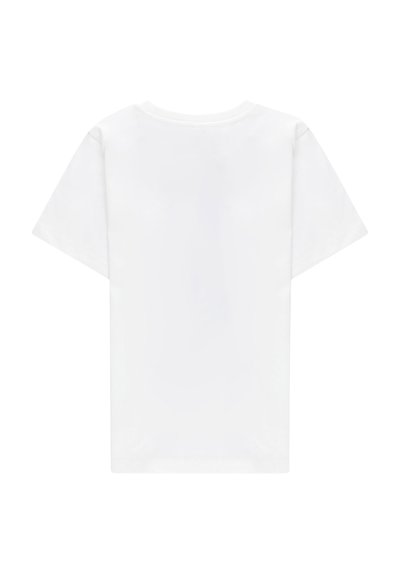 T-shirt bianco in cotone con collo rotondo e maniche corte, caratterizzato da una texture liscia e un design sul retro semplice e privo di decorazioni.