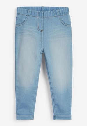 Lyseblå denim leggings med elastisk talje, der har falske forlommer og en slank pasform, afsluttet med kontraststing.