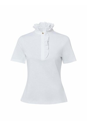 White short-sleeve shirt featuring a frilled high collar and a button placket with a gold accent. Soft cotton fabric with a smooth texture.