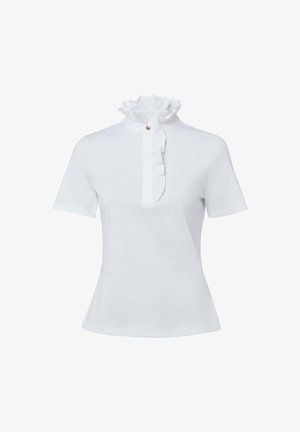 White short-sleeve shirt featuring a frilled high collar and a button placket with a gold accent. Soft cotton fabric with a smooth texture.