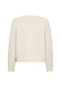 Pulover tricotat de culoare crem, cu un design texturat și modelat pe mâneci și un corp simplu. Are un decolteu rotund și margini ribbate.