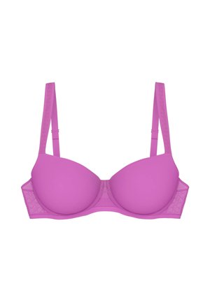 Fioletowy biustonosz wypełniony, z regulowanymi ramiączkami i siateczkowymi panelami bocznymi, z delikatnym ozdobnym przeszyciem na ramiączkach i bokach.