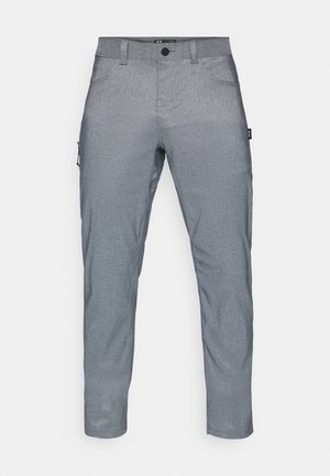 Gray, textured fabric pants with a straight fit, featuring a front button closure, side pockets, and an additional cargo pocket on the left leg.