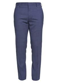 Men's trousers in a dark blue check pattern, lightweight fabric, tailored fit, flat front, with belt loops and two front pockets.