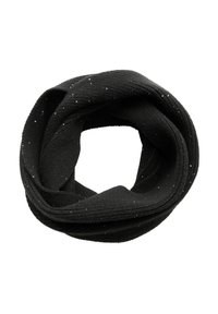 Sorte strikkede uendelighedsscarf med ribbet tekstur, der har små, spredte sølvmetalliske accenter gennem hele.