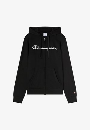 Felpa nera con zip in tessuto da felpa, dotata di una tasca frontale, cappuccio con coulisse e logo bianco "Champion" sul petto.
