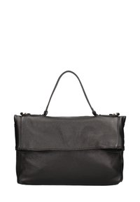 Zwarte leren handtas met een gestructureerd oppervlak, bovenhandvat en een vouwdesign. Kenmerkt zich door eenvoudige, strakke lijnen en minimale hardwareaccenten.