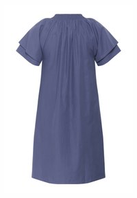Lila Baumwollkleid mit kurzen Rüschensäumen, elastischem Smock-Ausschnitt und lockerer Passform, das bis zur Mitte des Oberschenkels reicht.
