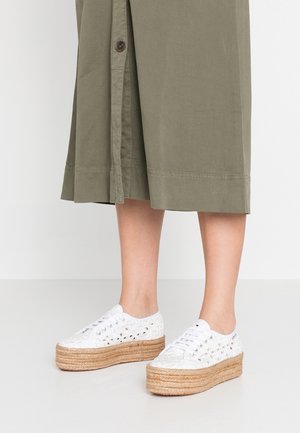 Baskets blanches à plateforme lacées avec semelles en corde tissée, portées avec une jupe midi vert olive.