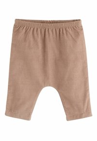 Beige ribots auduma šorti ar elastīgu jostu, īsa kāju garuma un taisnu apakšmalu. Mīksta tekstūra bez redzamām rakstu detaļām.