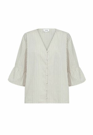 Bluză bej deschis cu dungi verticale subțiri, decolteu în V, partea din față cu nasturi și mâneci largi trei sferturi tip clopot.