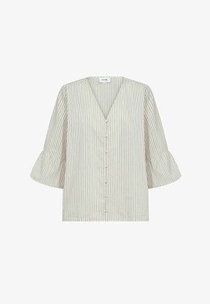 Bluză bej deschis cu dungi verticale subțiri, decolteu în V, partea din față cu nasturi și mâneci largi trei sferturi tip clopot.