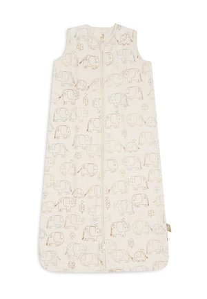Mouwloze babyslaapzak met voorrits, crèmekleurig, versierd met een lichtbruin en grijs patroon van olifanten en bomen.