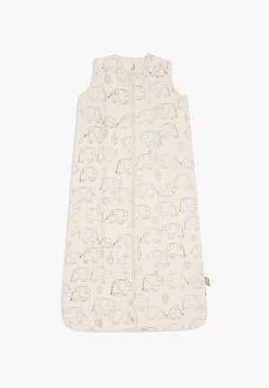 Mouwloze babyslaapzak met voorrits, crèmekleurig, versierd met een lichtbruin en grijs patroon van olifanten en bomen.